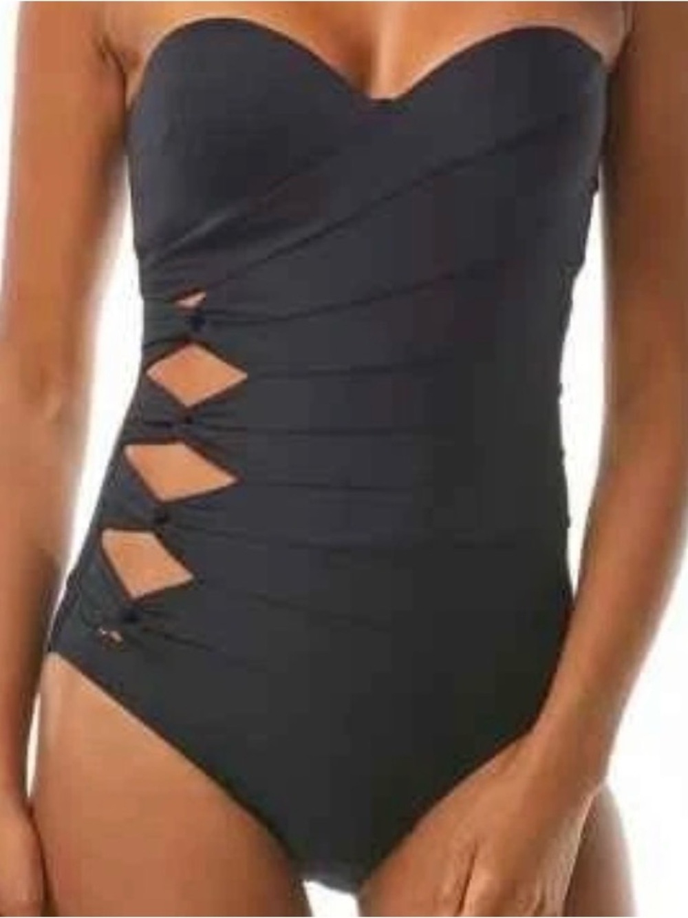 Carmen Marc Valvo Black Strapless One-Piece with Side Cutouts